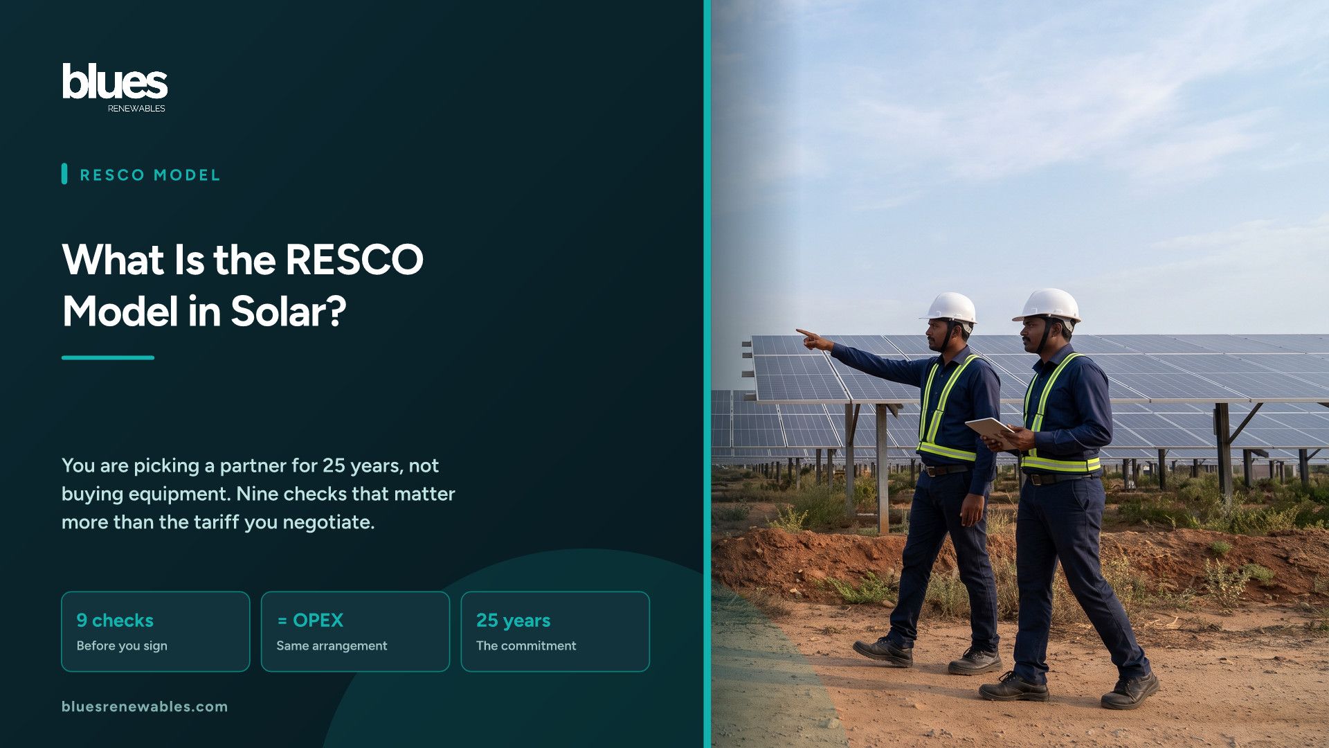 Two Indian solar engineers inspecting rows of panels at a large industrial site in Tamil Nadu, illustrating a RESCO owning and operating a solar plant