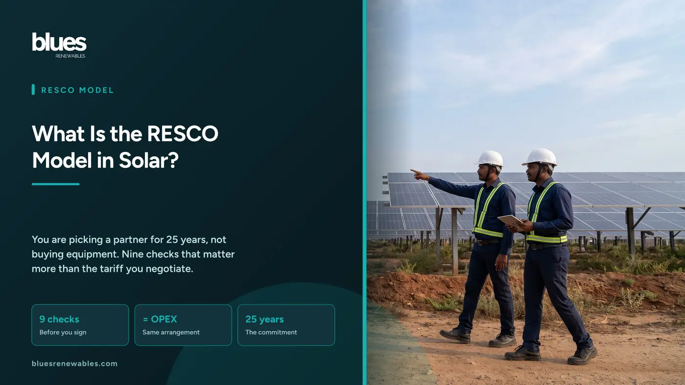 Two Indian solar engineers inspecting rows of panels at a large industrial site in Tamil Nadu, illustrating a RESCO owning and operating a solar plant