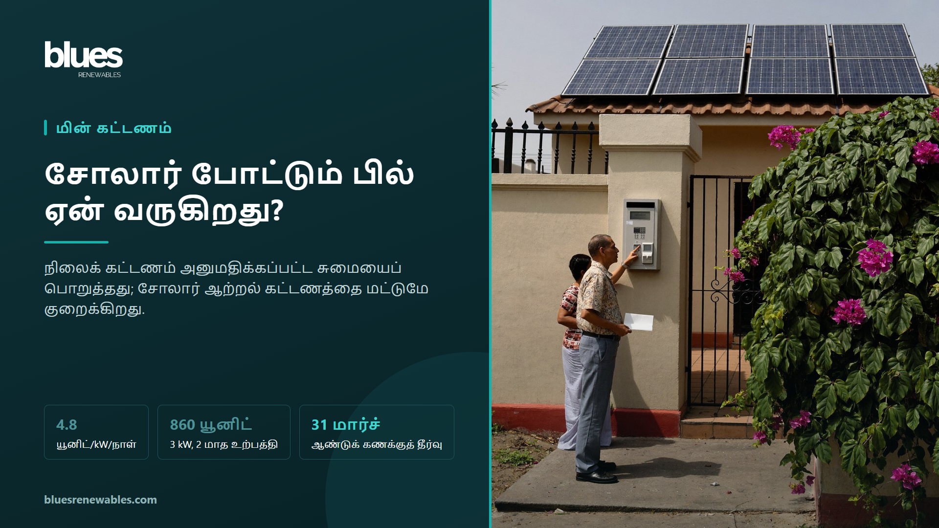 கூரையில் சோலார் உள்ள சென்னை வீட்டின் முன் மின் கட்டண ரசீதைப் பார்த்துக் குழம்பும் தம்பதி