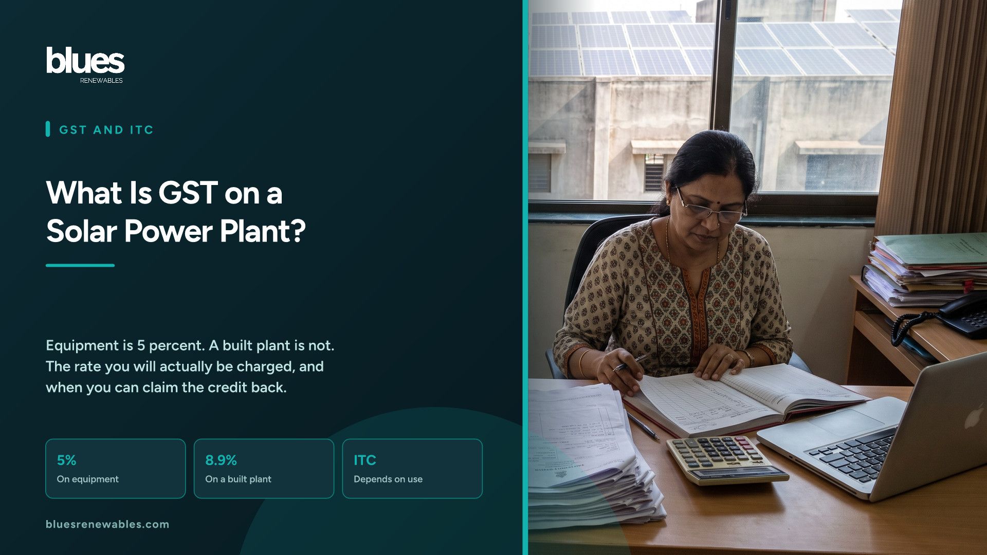 Indian businesswoman examining printed GST tax invoices and a ledger at her desk with solar panels on an industrial rooftop visible through the window