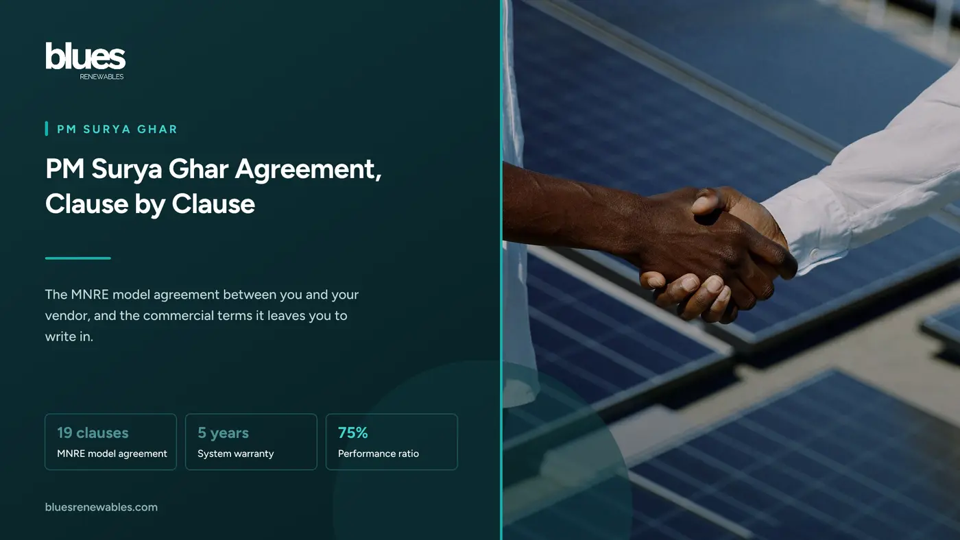 Two people shaking hands on a sunny rooftop, with rows of solar panels behind them