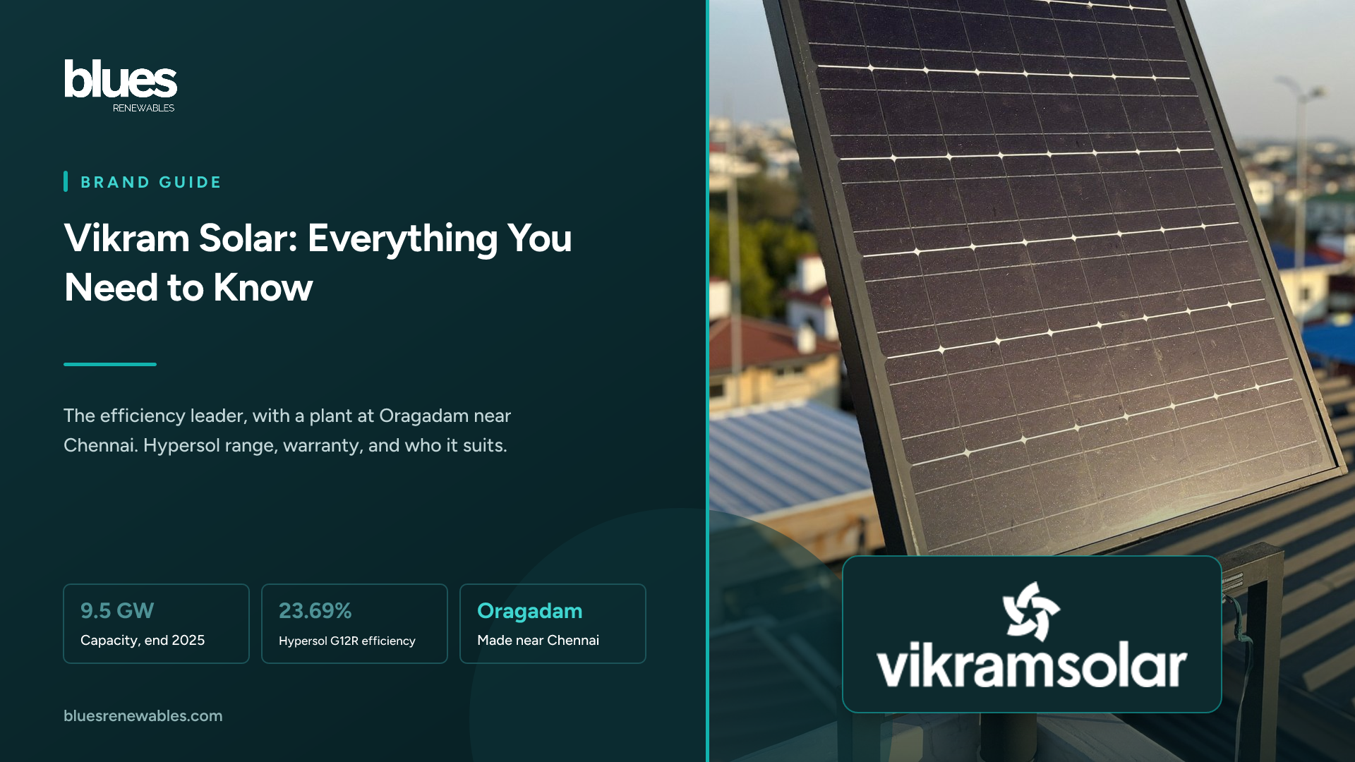 Vikram Solar logo over a close-up of an all-black bifacial solar panel on a city terrace at golden hour