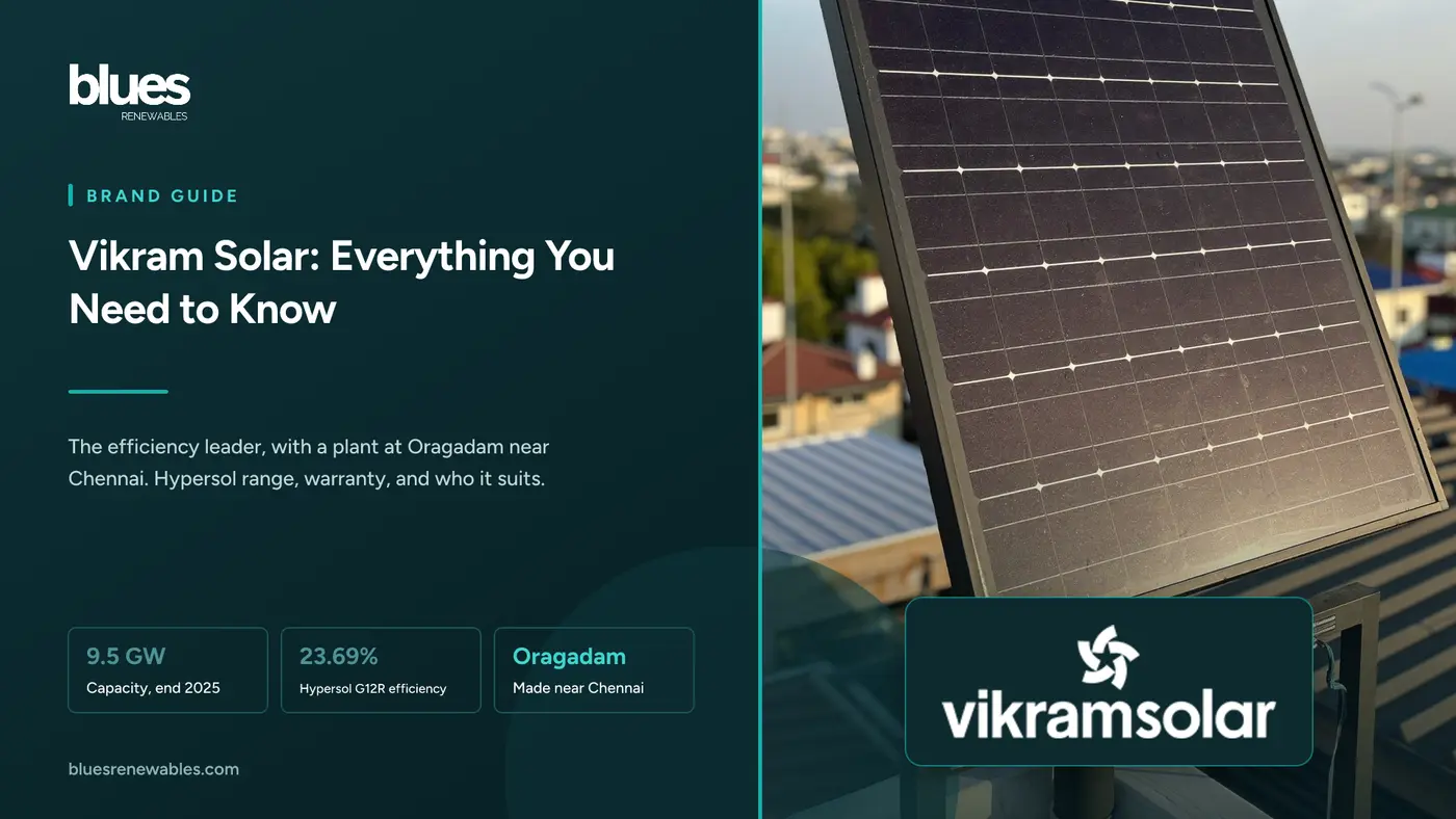Vikram Solar logo over a close-up of an all-black bifacial solar panel on a city terrace at golden hour