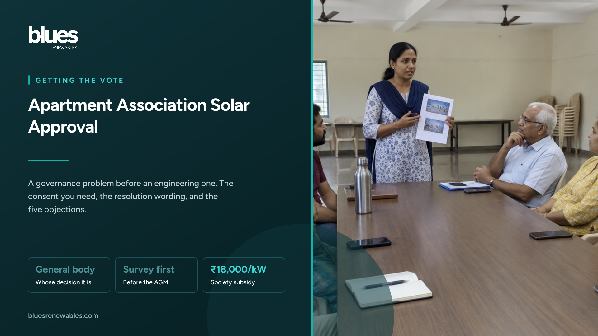Residents of an Indian apartment association seated around a table in a community hall while a woman stands and presents a solar proposal document