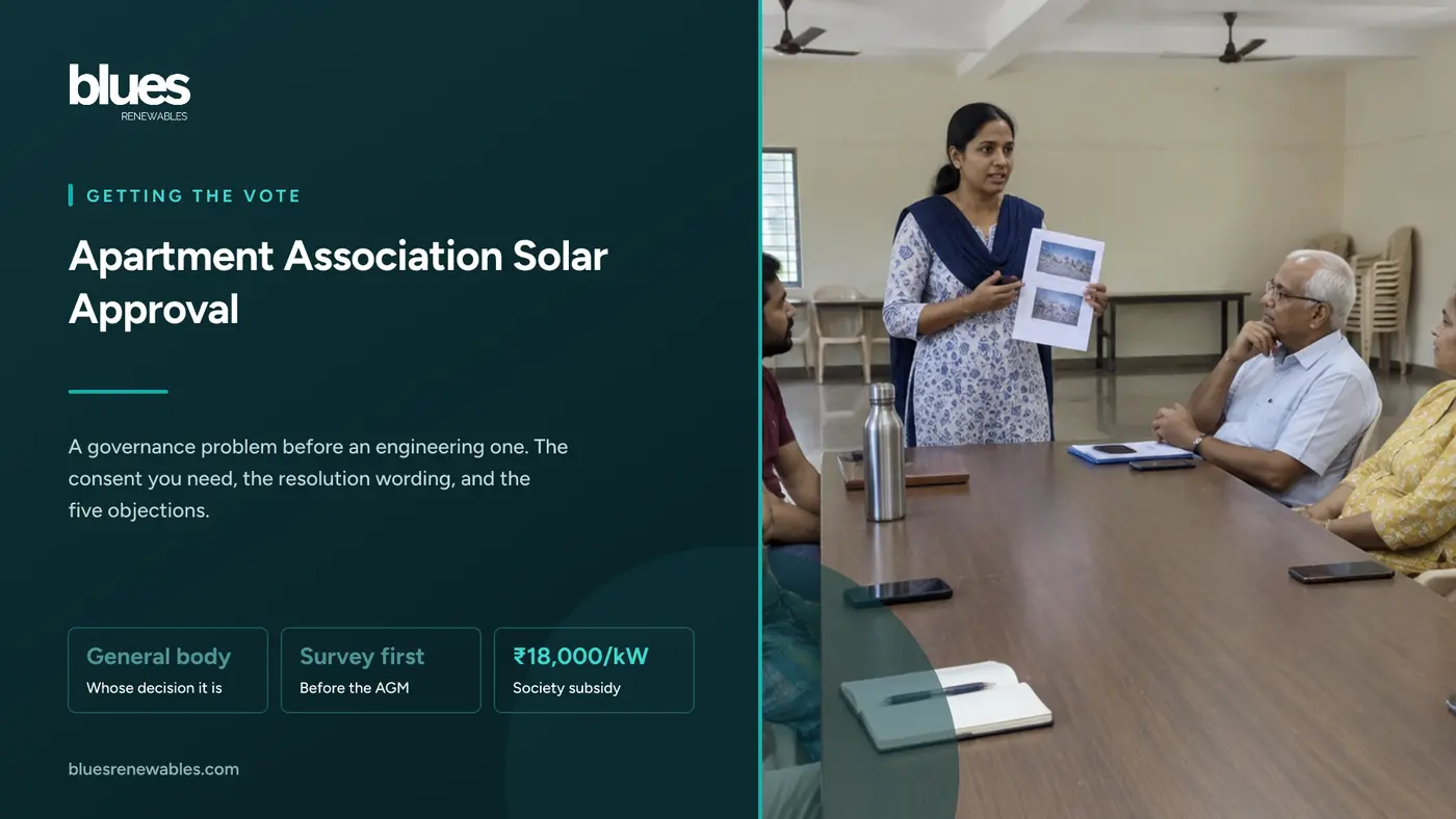 Residents of an Indian apartment association seated around a table in a community hall while a woman stands and presents a solar proposal document