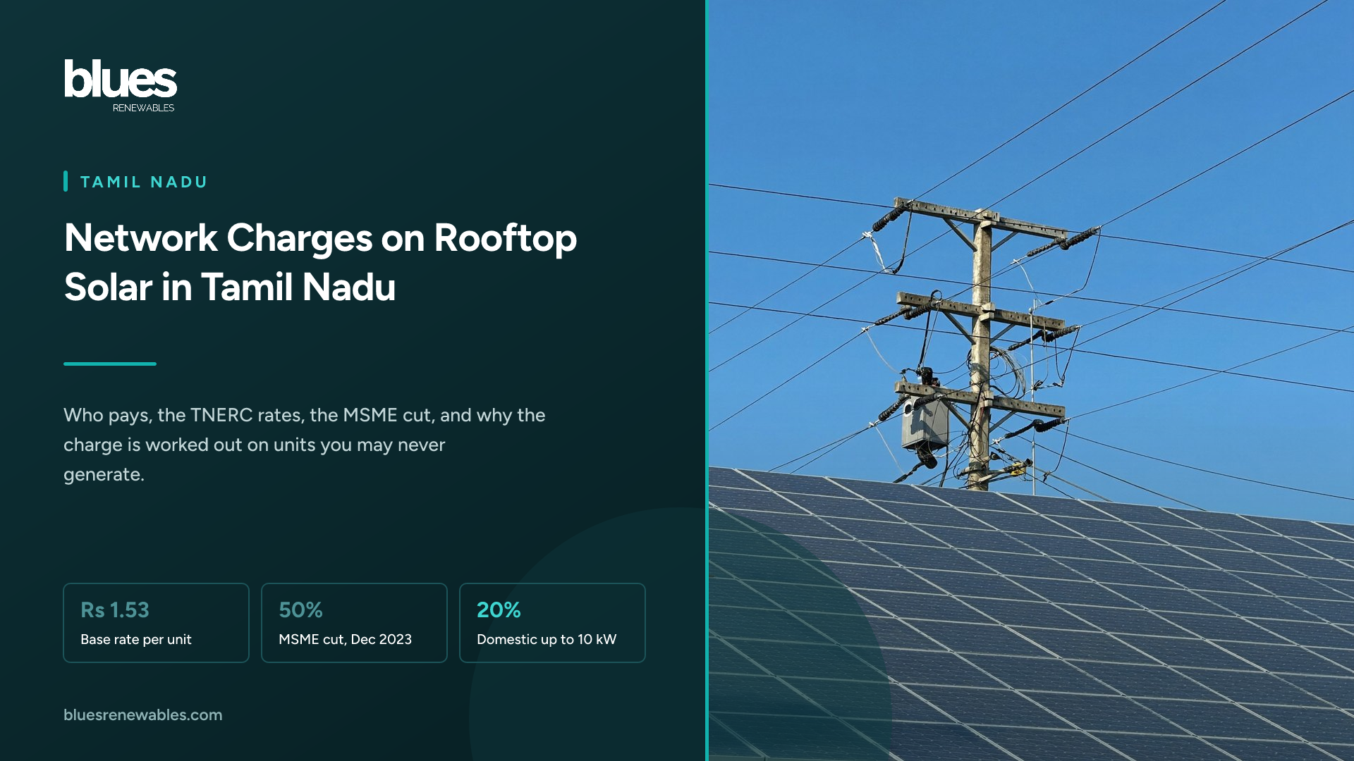 Overhead power distribution lines on a concrete pole running past a factory roof covered with solar panels