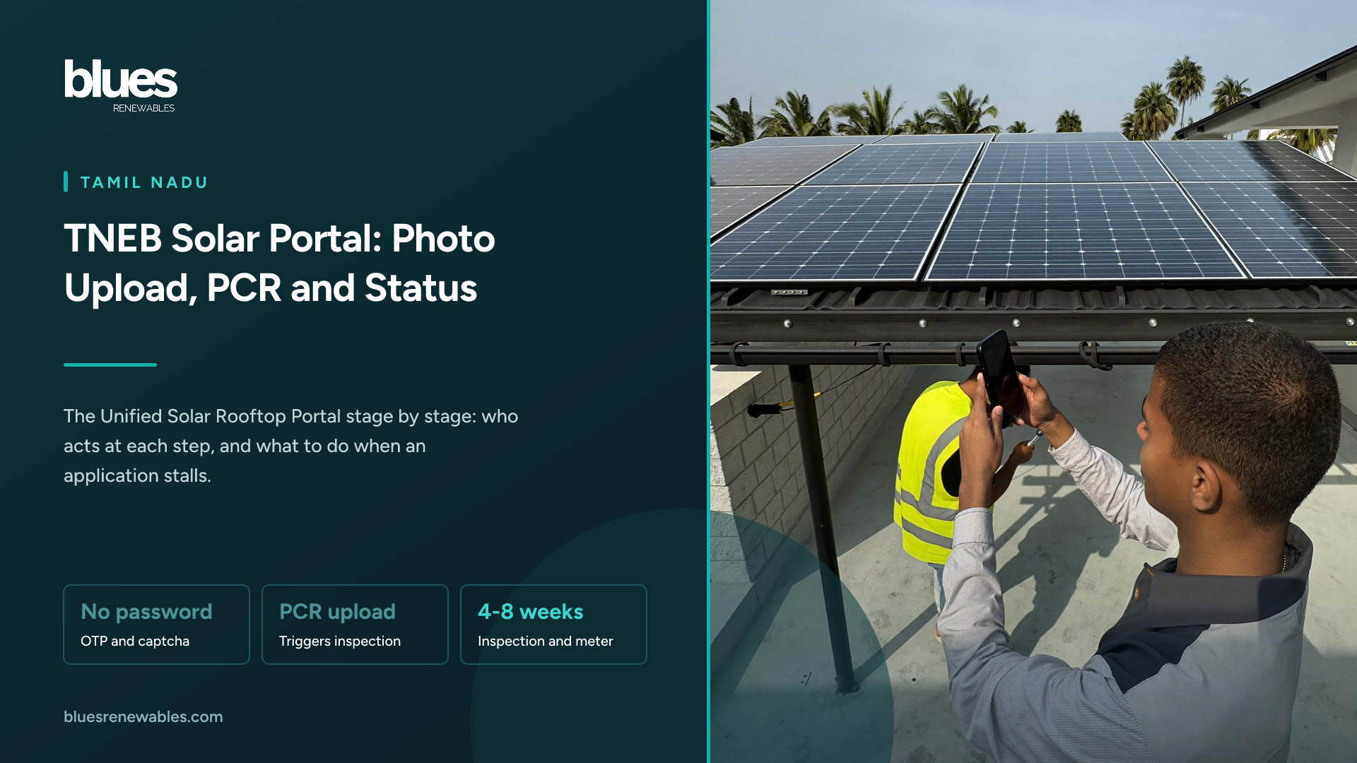 Homeowner photographing newly installed rooftop solar panels with a phone on a Chennai terrace, an installer beside them