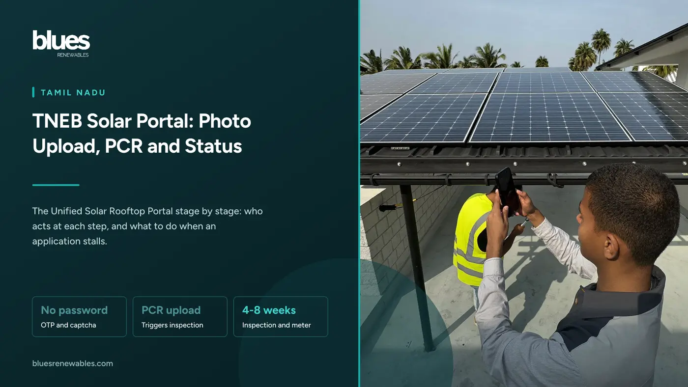 Homeowner photographing newly installed rooftop solar panels with a phone on a Chennai terrace, an installer beside them