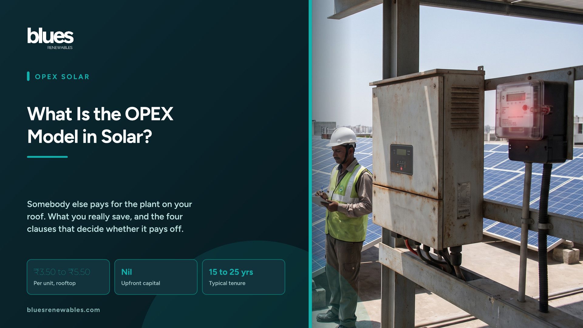 Solar inverter and energy meter on a South Indian commercial rooftop with a technician recording a reading, illustrating the OPEX solar billing model