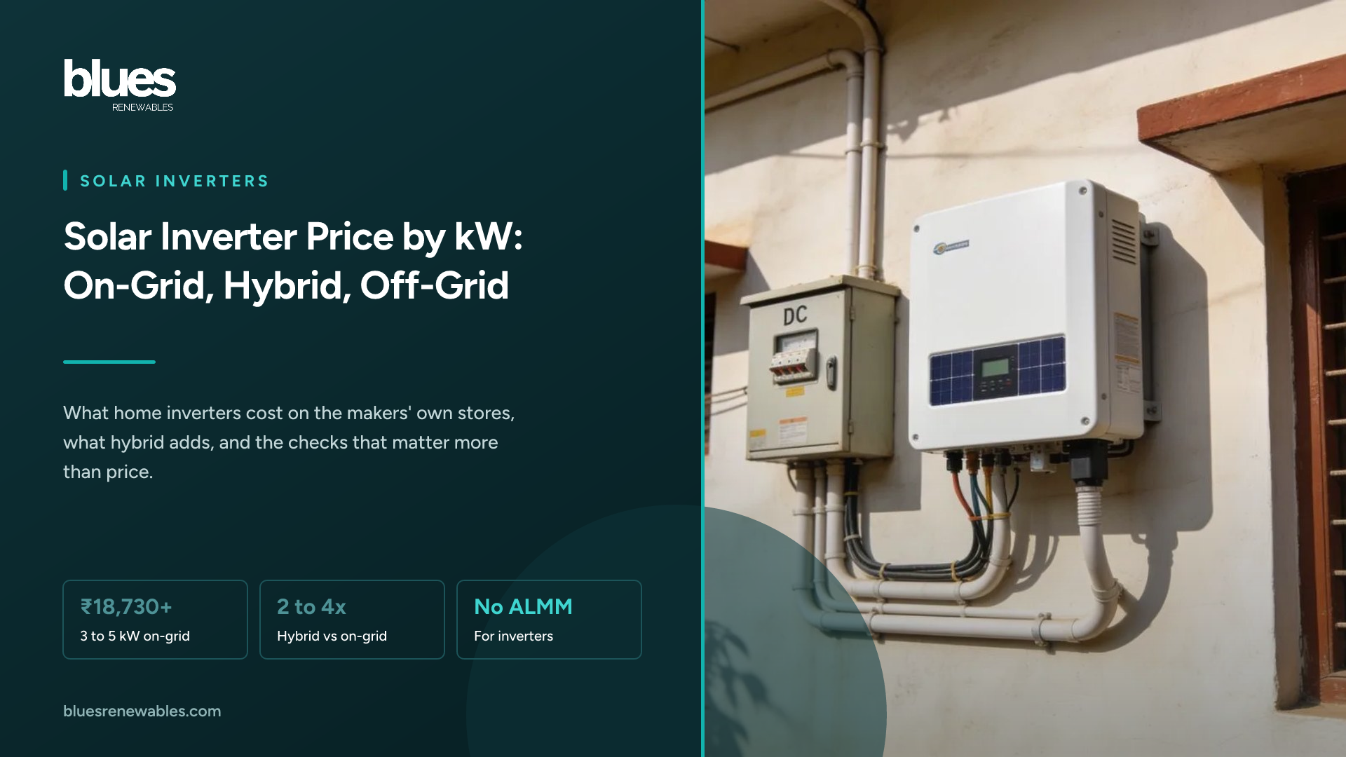 A wall-mounted grid-tie inverter beside an AC distribution box on a shaded Chennai terrace wall, with rooftop panels visible behind it