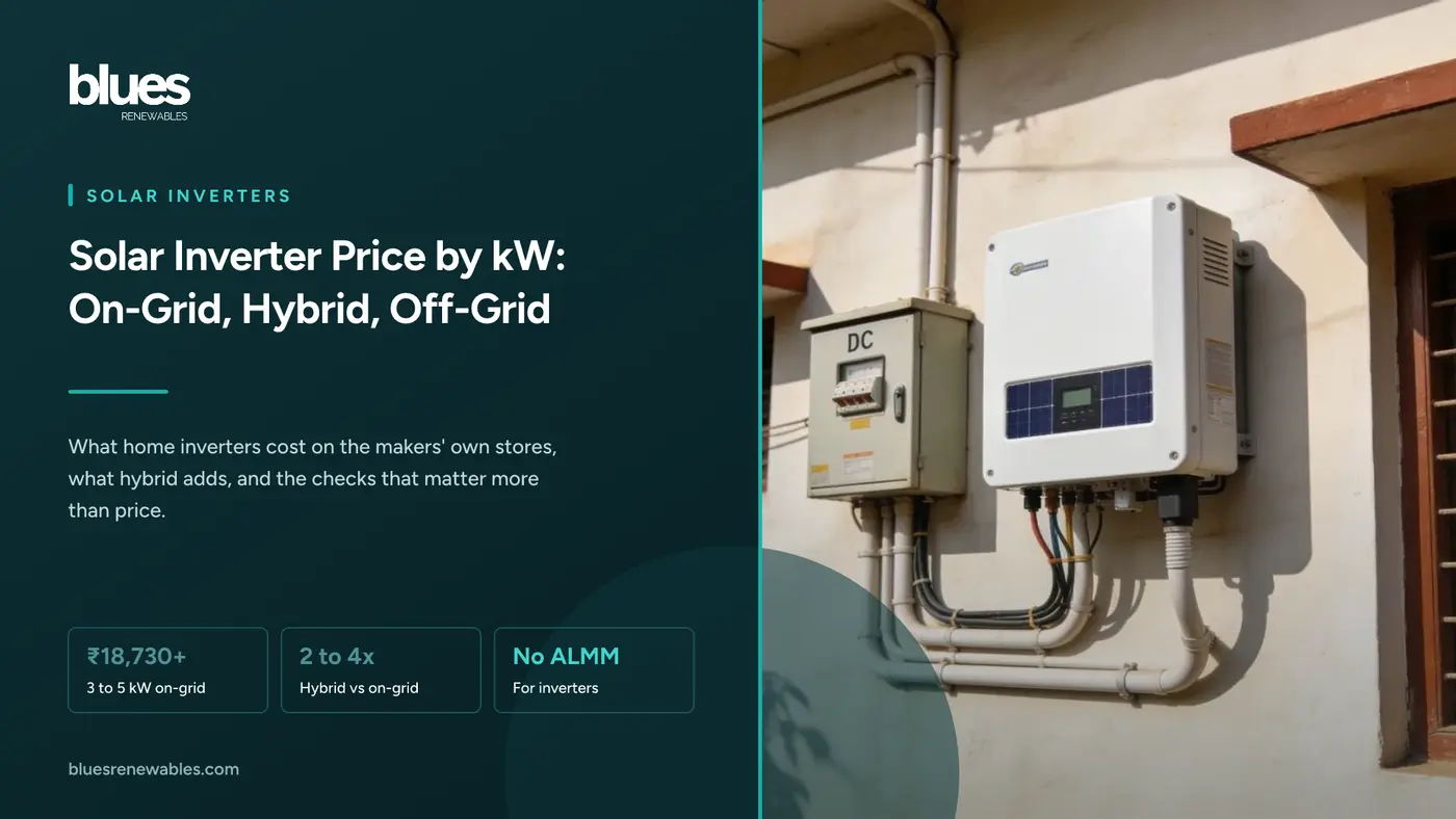 A wall-mounted grid-tie inverter beside an AC distribution box on a shaded Chennai terrace wall, with rooftop panels visible behind it