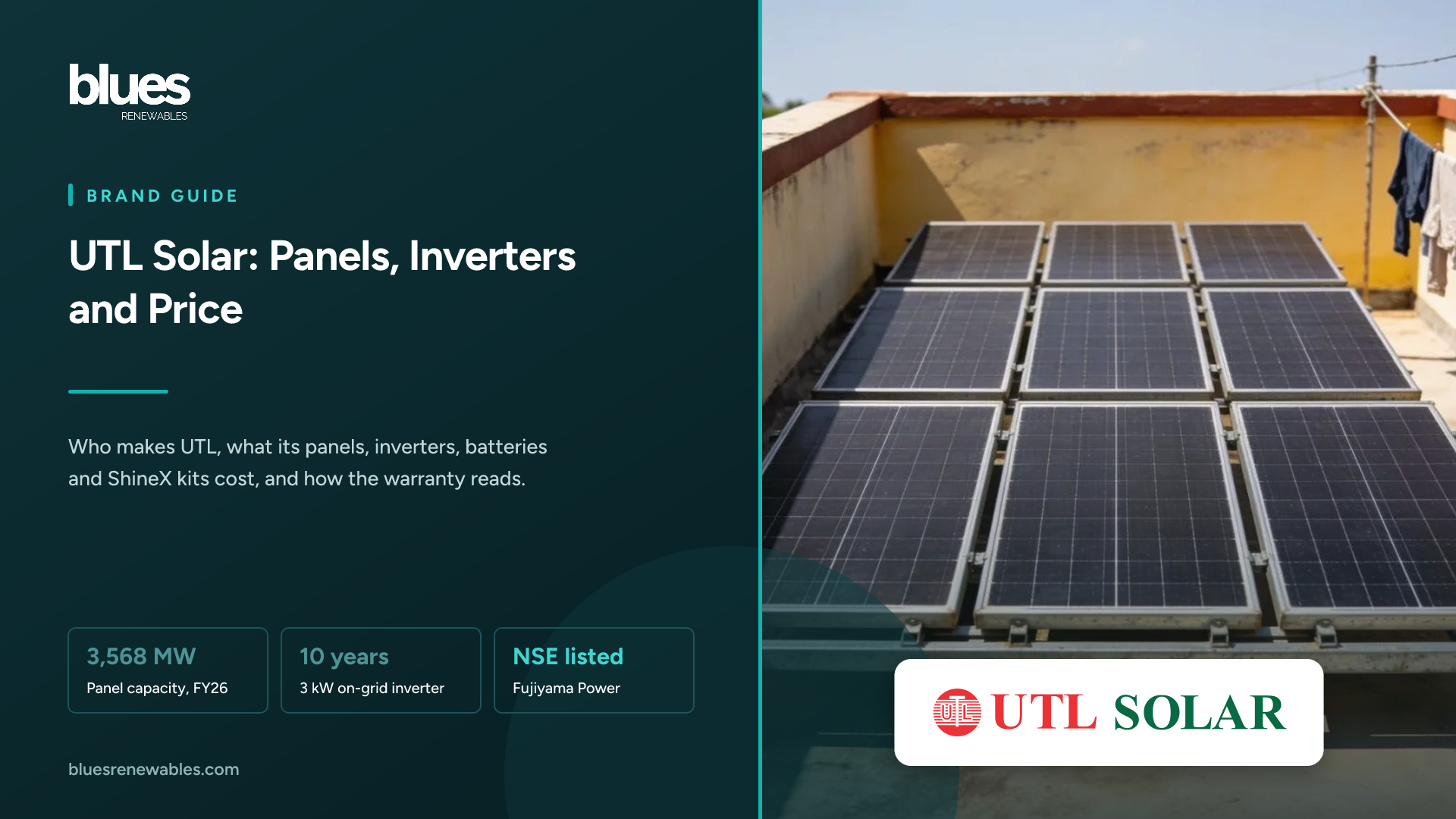 A UTL logo above a wall-mounted solar inverter and a tall tubular battery in a utility room, with rooftop panels visible through an open door