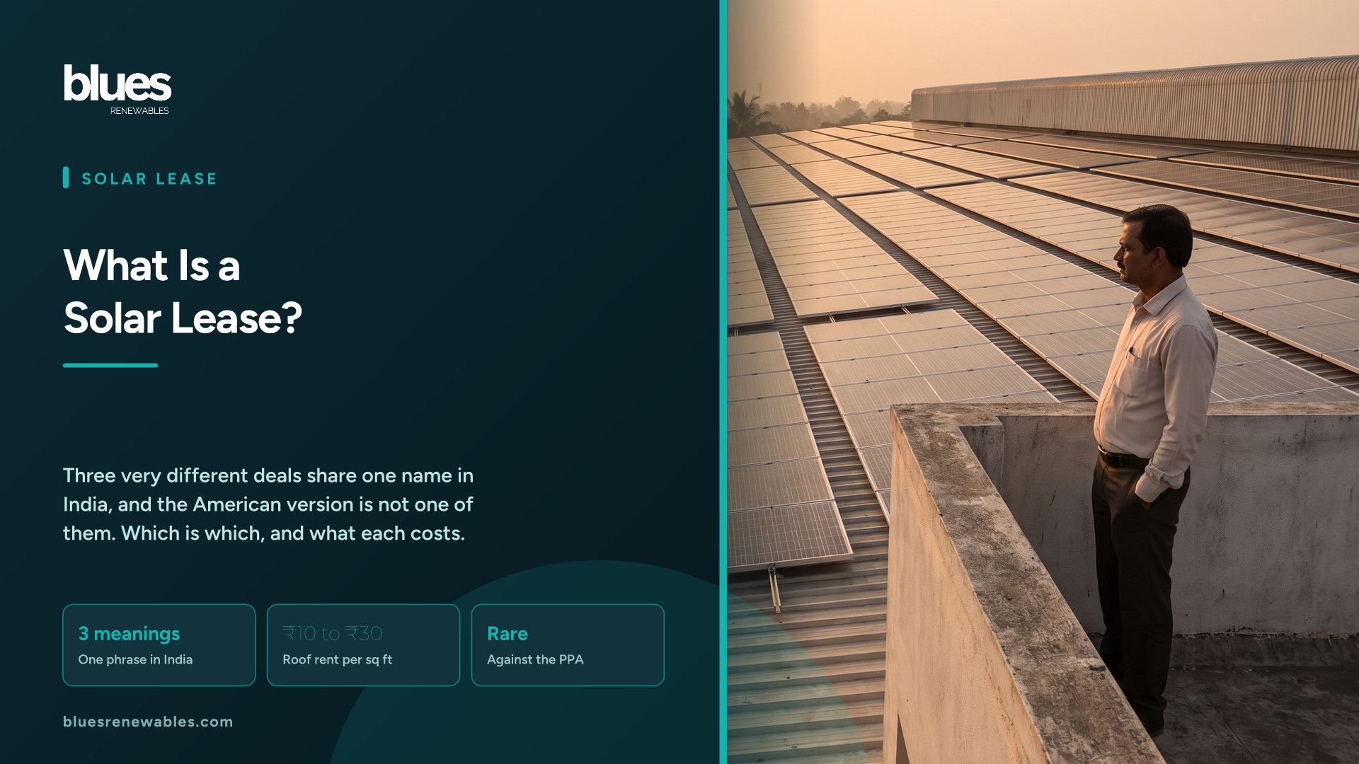 Large South Indian warehouse rooftop fully covered with solar panels at golden hour with the building owner looking across the array