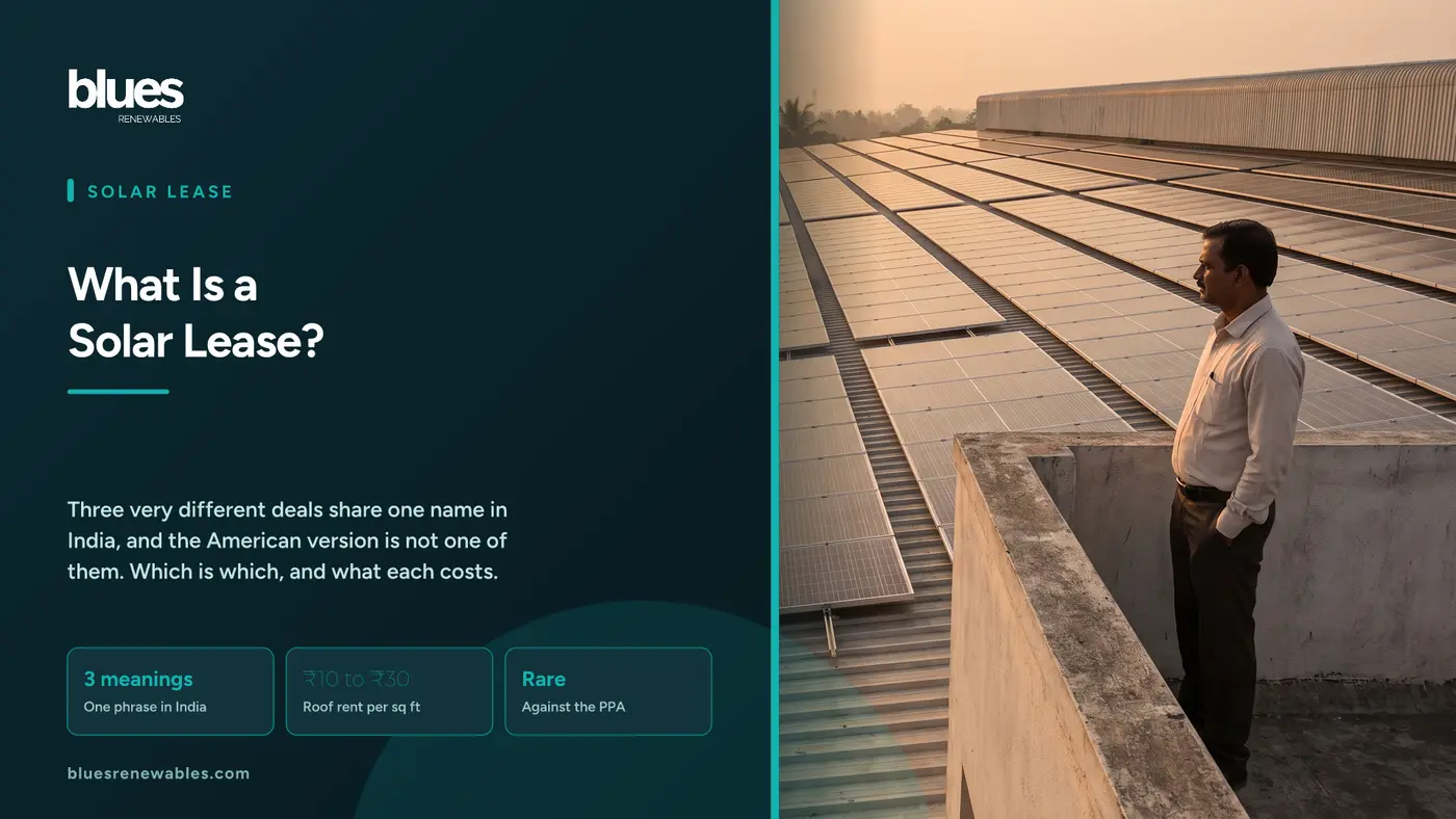 Large South Indian warehouse rooftop fully covered with solar panels at golden hour with the building owner looking across the array