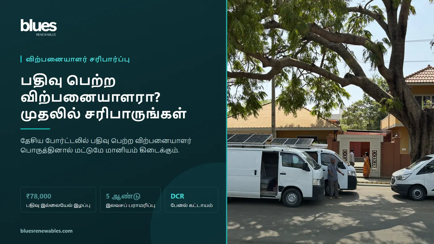 சென்னைத் தெருவில் வரிசையாக நிற்கும் சோலார் நிறுவல் வேன்கள், வீட்டு வாசலில் ஒரு தொழில்நுட்பப் பணியாளருடன் பேசும் வீட்டு உரிமையாளர்