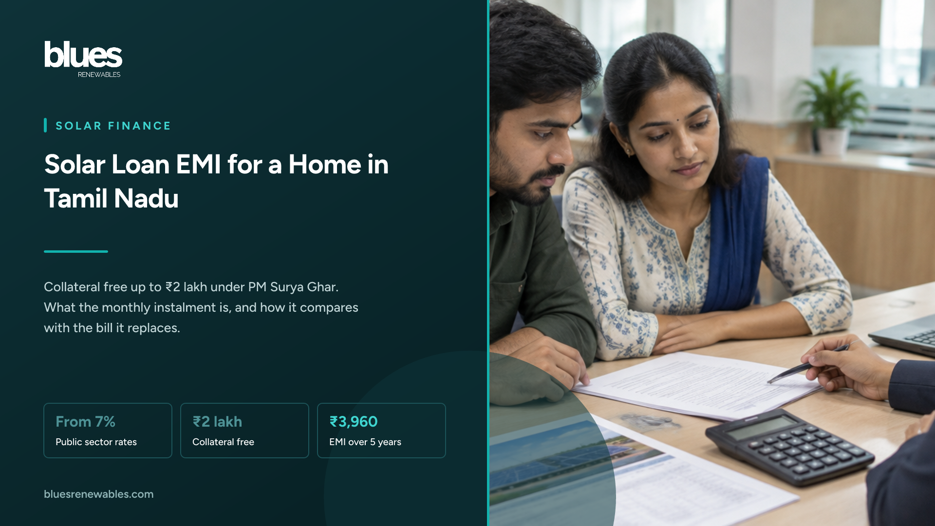 Indian couple reviewing a solar loan document with a bank officer at a desk, a calculator and a system quotation between them