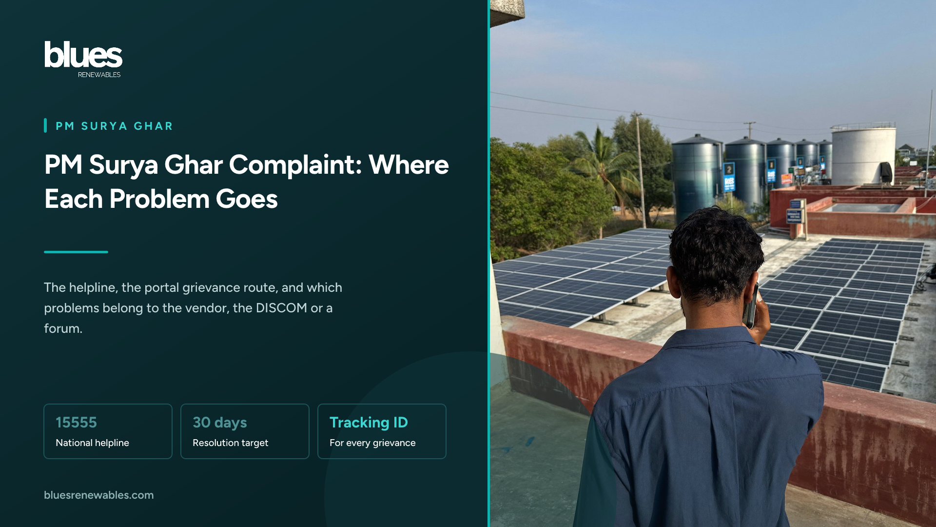 A man seen from behind on a rooftop terrace holding a phone to his ear, looking at a row of solar panels