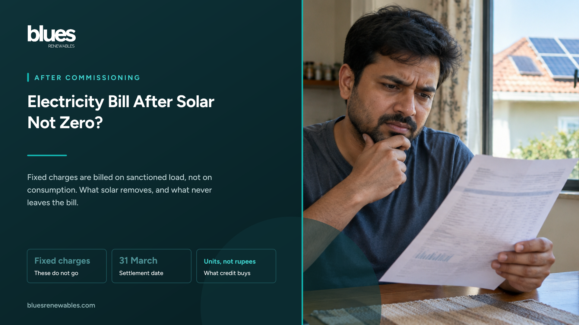 Indian man studying a printed electricity bill at his kitchen table with a puzzled expression, rooftop solar panels visible through the window behind him