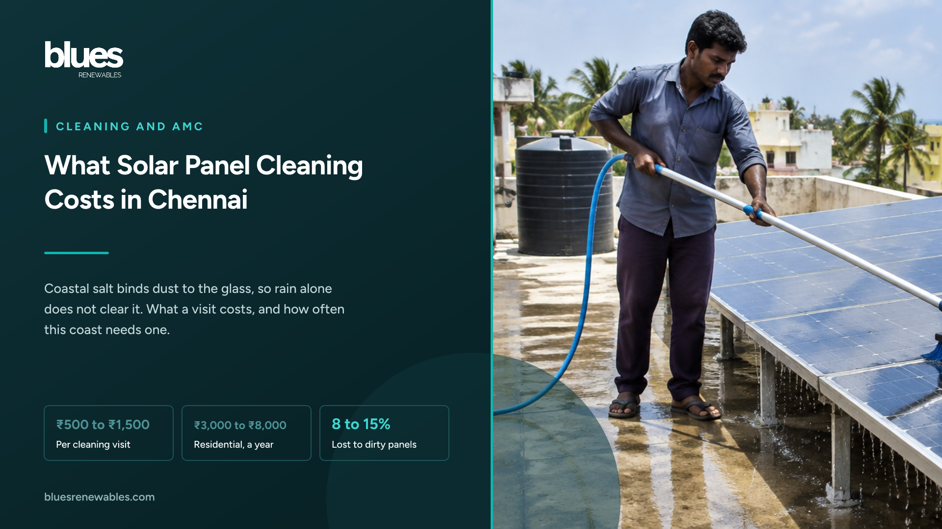 Solar technician washing rooftop solar panels with a long handled brush and hose on a Chennai terrace, with the coastline and palm trees behind