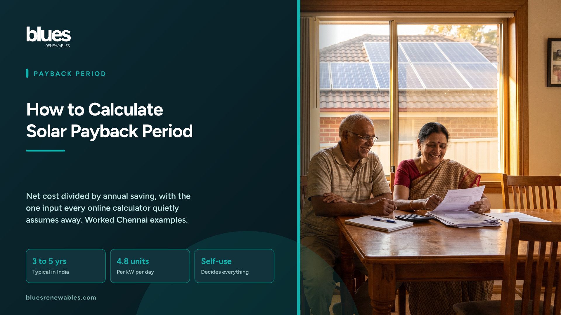 Indian couple at a dining table comparing electricity bills with a calculator, with rooftop solar panels on their home visible through the window