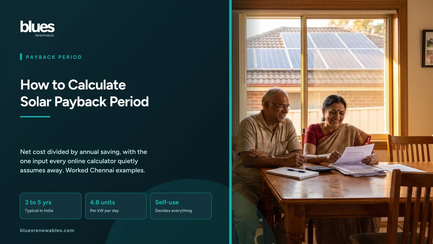 Indian couple at a dining table comparing electricity bills with a calculator, with rooftop solar panels on their home visible through the window