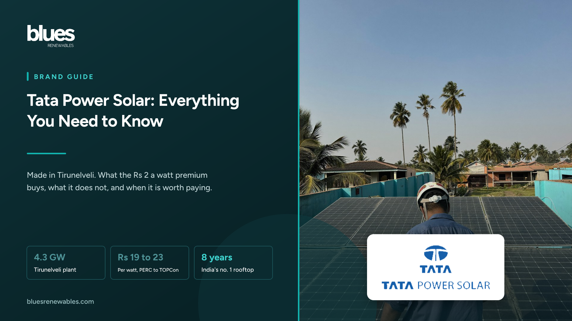 Tata Power Solar logo over a photograph of a technician inspecting a rooftop solar array on a Tamil Nadu terrace house