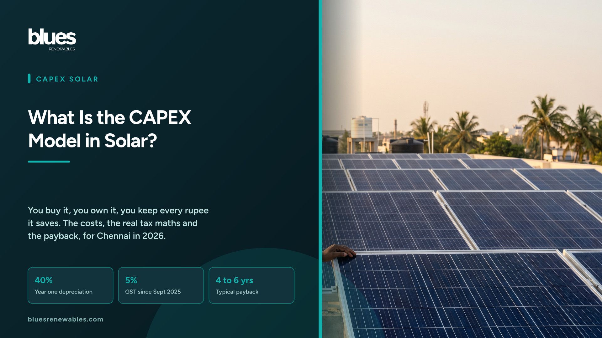 Indian factory owner standing beside a rooftop solar array on their own manufacturing unit in Tamil Nadu, illustrating the CAPEX solar ownership model