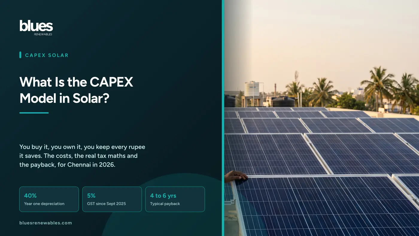 Indian factory owner standing beside a rooftop solar array on their own manufacturing unit in Tamil Nadu, illustrating the CAPEX solar ownership model