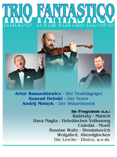 Plakat des Trio Fantastico mit Geiger, Tenor und Akkordeonist