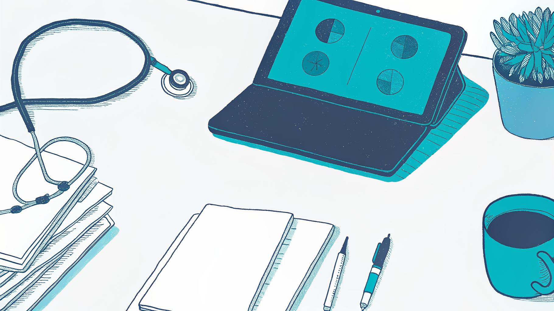 Physician desk with stethoscope, abstract AI panel, chart folders, and coffee mug