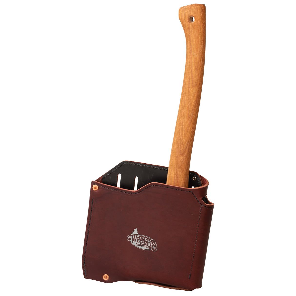 Burgundy Weaver leather axe pouch with a plastic liner and belt loop, holding a wooden-handled axe