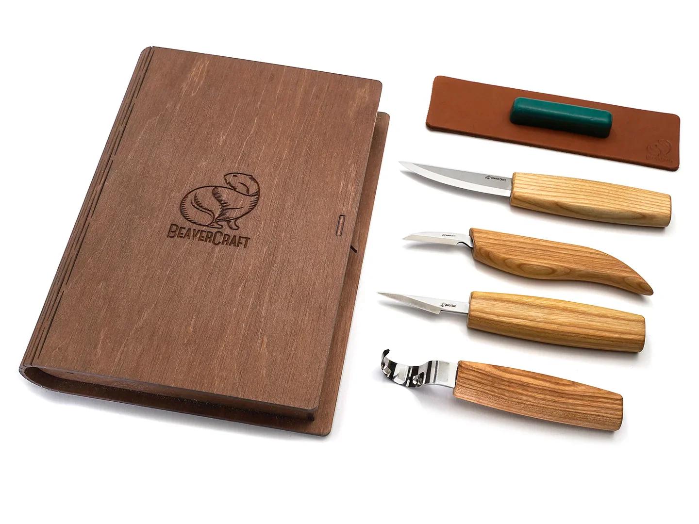 Set of 4 BeaverCraft Knives in a Book Case