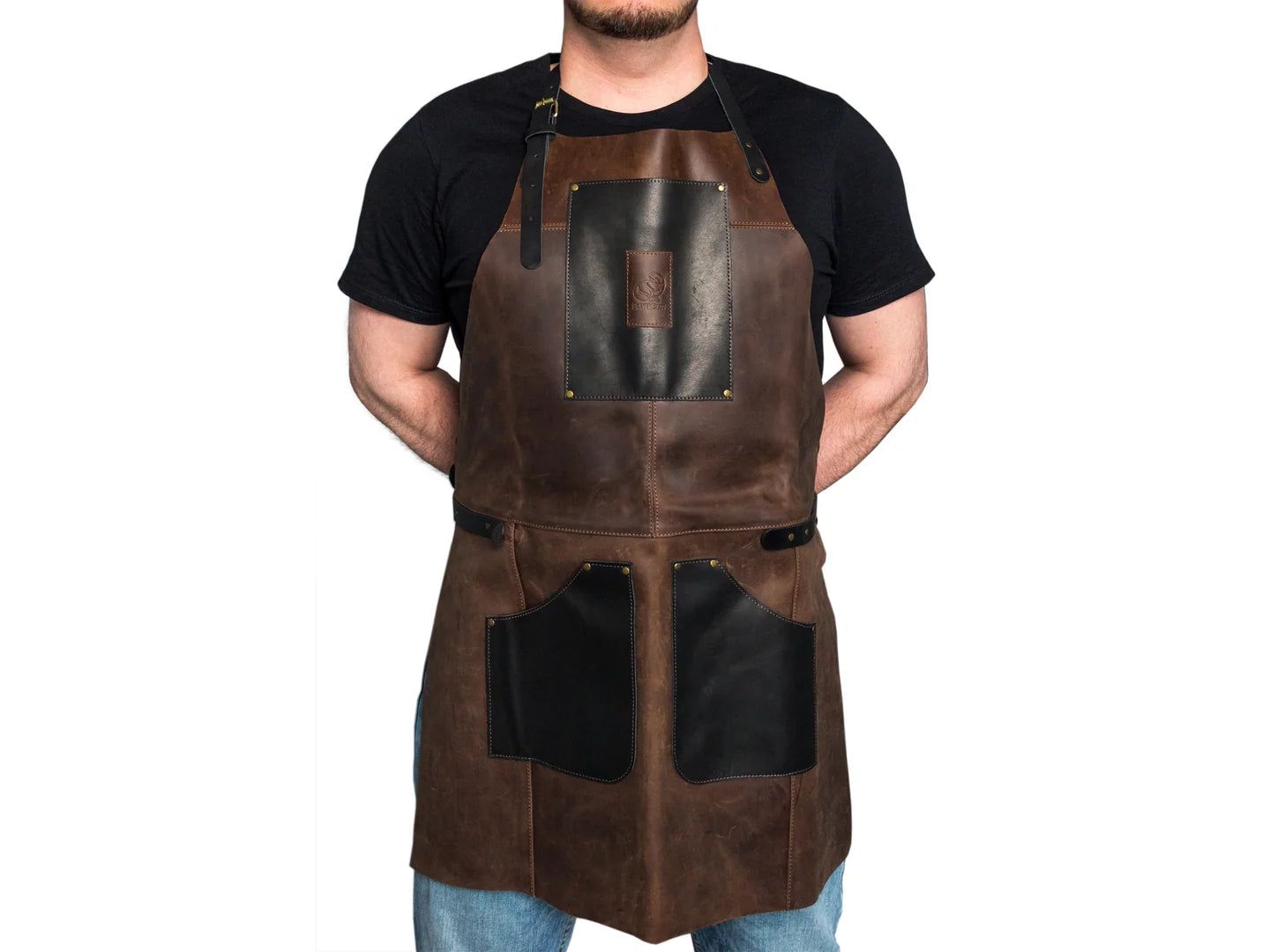 Black and brown leather work apron