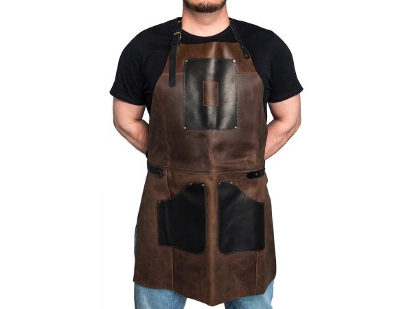Black and brown leather work apron