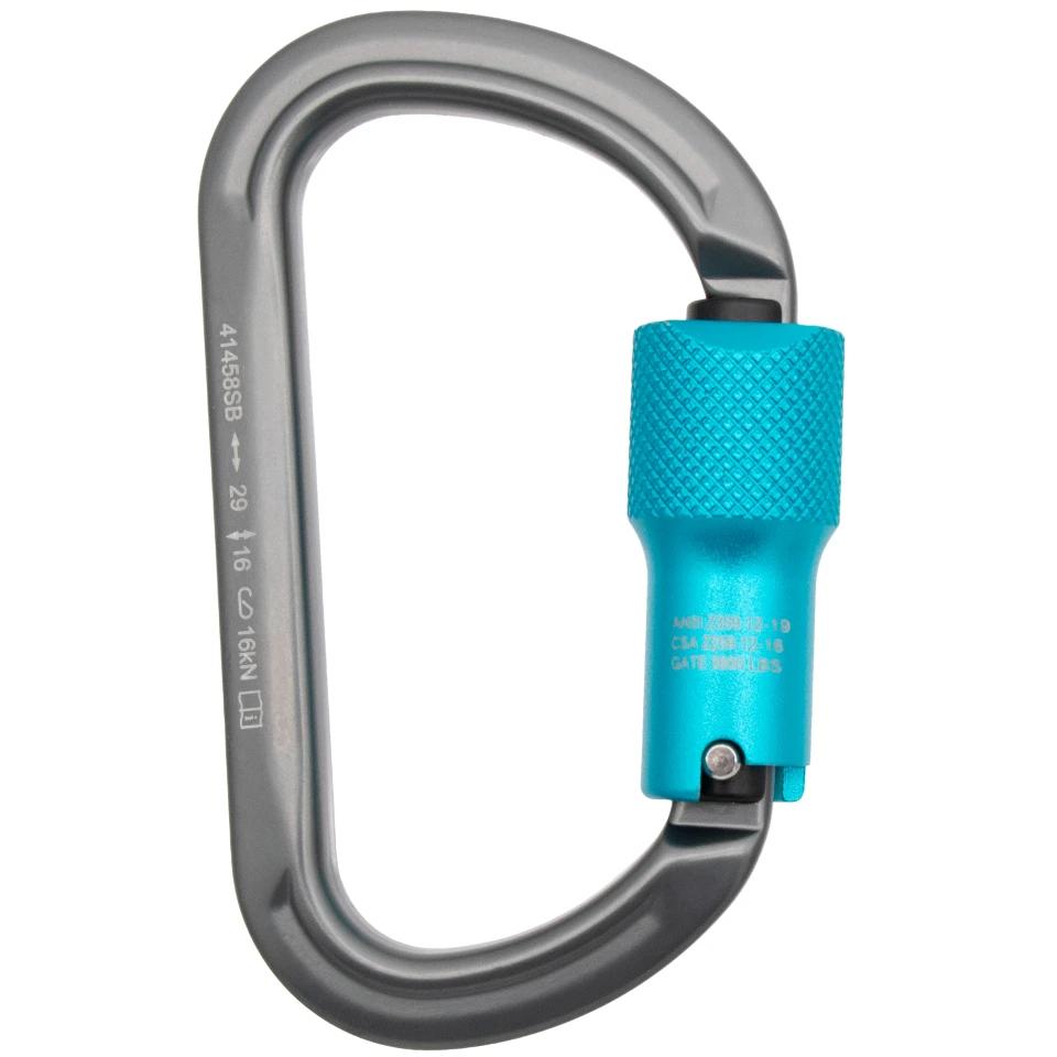 Notch Oval 3600 lb aluminum carabiner, grey frame with teal triple-action locking gate
