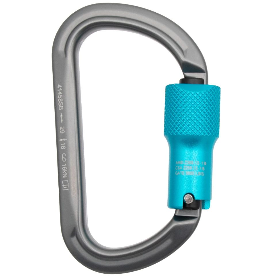 Notch Oval 3600 lb aluminum carabiner, grey frame with teal triple-action locking gate