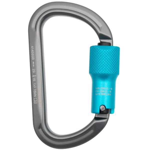 Notch Oval 3600 lb aluminum carabiner, grey frame with teal triple-action locking gate