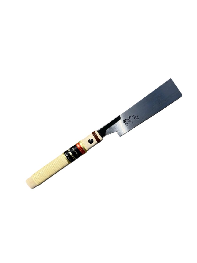 Nakaya Kugihiki 180mm flush-cutting saw with thin flexible blade and rattan-wrapped wooden handle