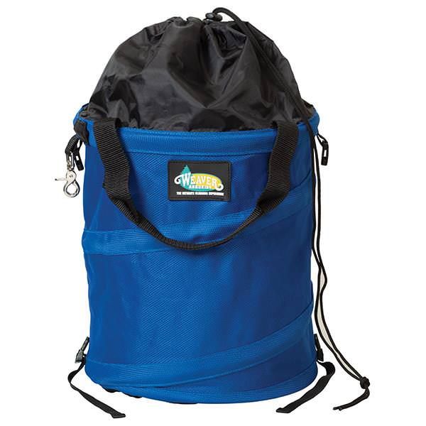 Blue Weaver collapsible rope bag with spiral wire frame, drawstring top and carry handles