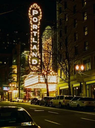Portland sign with lights in the middle of the night