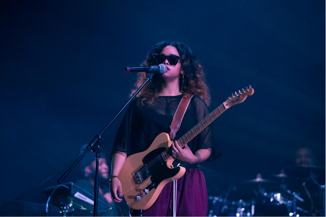 American R&B Singer H.E.R. up close on stage at the Google Soulfest where she perfomed