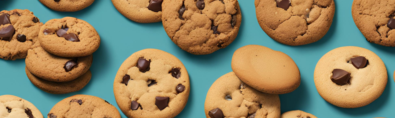 A vibrant, top-down flat lay view of multiple chocolate chip cookies scattered across a solid teal background. The image features a variety of golden-brown cookies, some stacked on top of each other, showcasing prominent, melting dark chocolate chunks and varying baked textures. The composition is clean and playful, serving as a creative visual metaphor for internet tracking cookies.