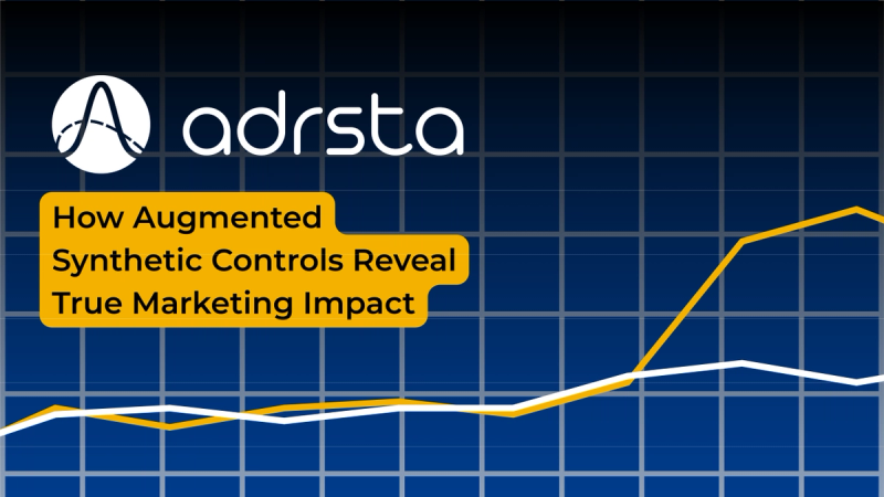 An infographic for Adrsta AI on a dark blue grid background, featuring the white and dark adrsta logo in the top-left. A bold yellow call-out box contains the white text, 'How Augmented Synthetic Controls Reveal True Marketing Impact'. Below the text, two line graph curves plot performance over time. A yellow-orange line, labeled 'Augmented Synthetic Control (ASCM)', is shown closely tracking and then significantly spiking higher than the white line, 'Test Market / KPI', following a campaign intervention point. A shaded green area highlights the incremental lift. Illustrative data flow icons track process validation from data ingestion to model training.