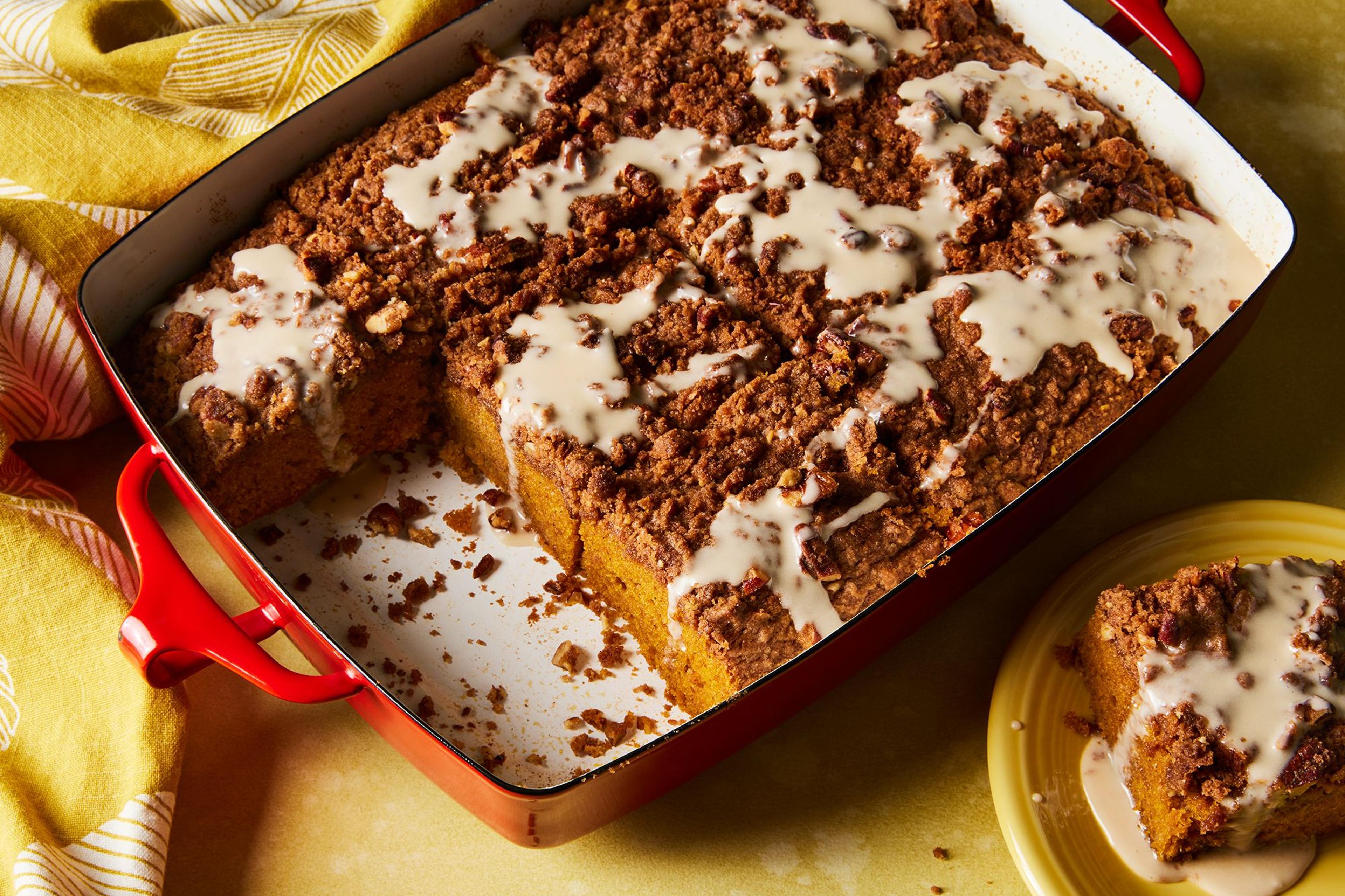 pumpkin coffee cake in baking pan on fall table