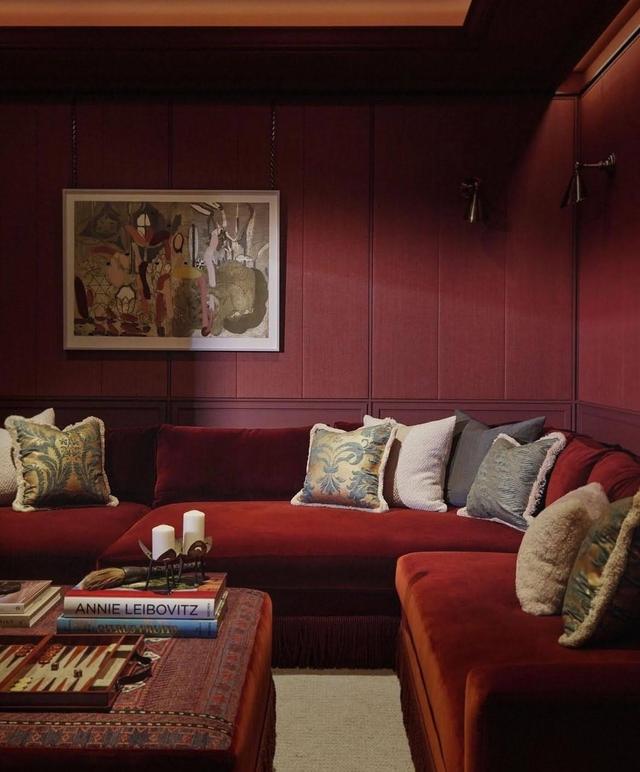 red couch in red room