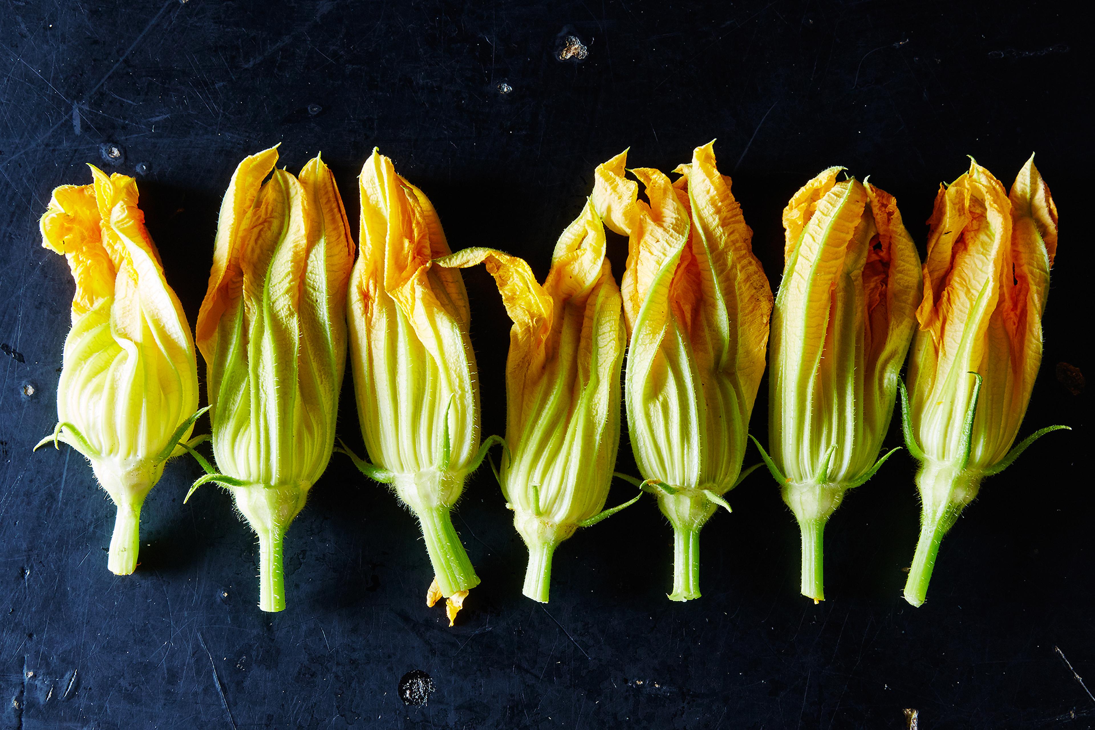 squash blossoms on table