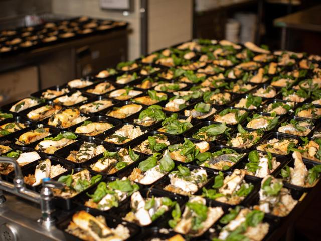 rows of meals in to-go boxes