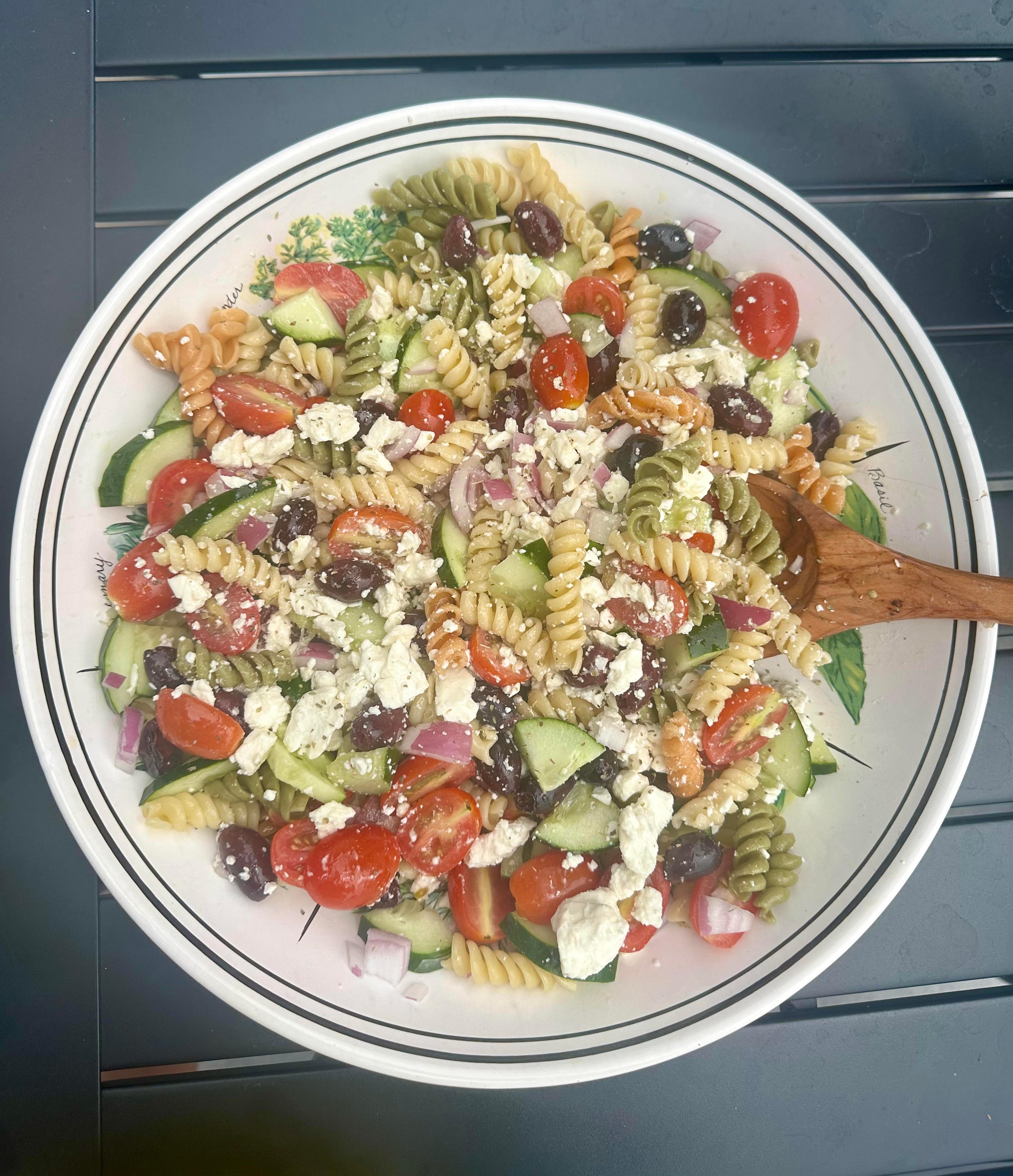 bowl of Greek pasta salad