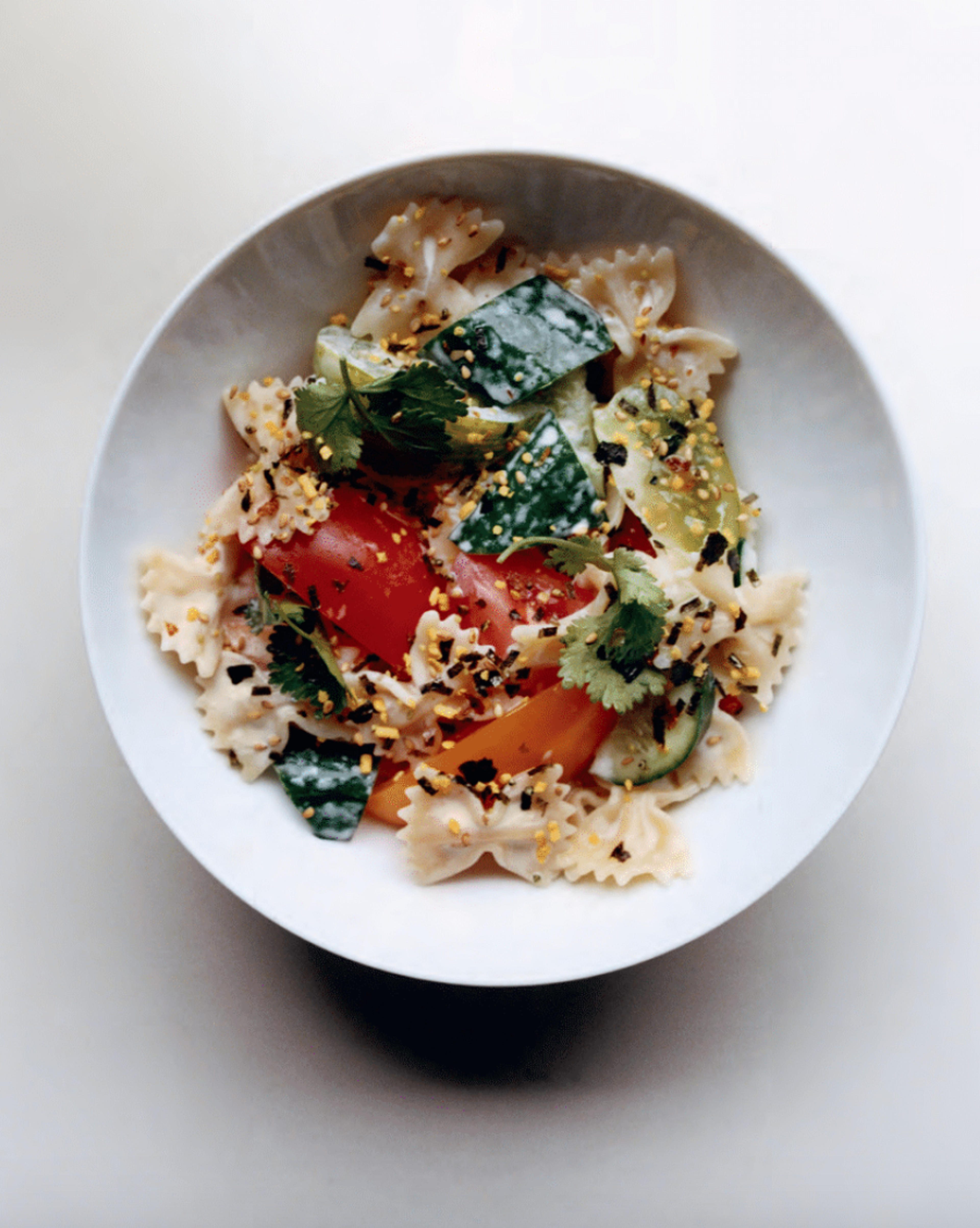 overhead view of bowl of pasta salad