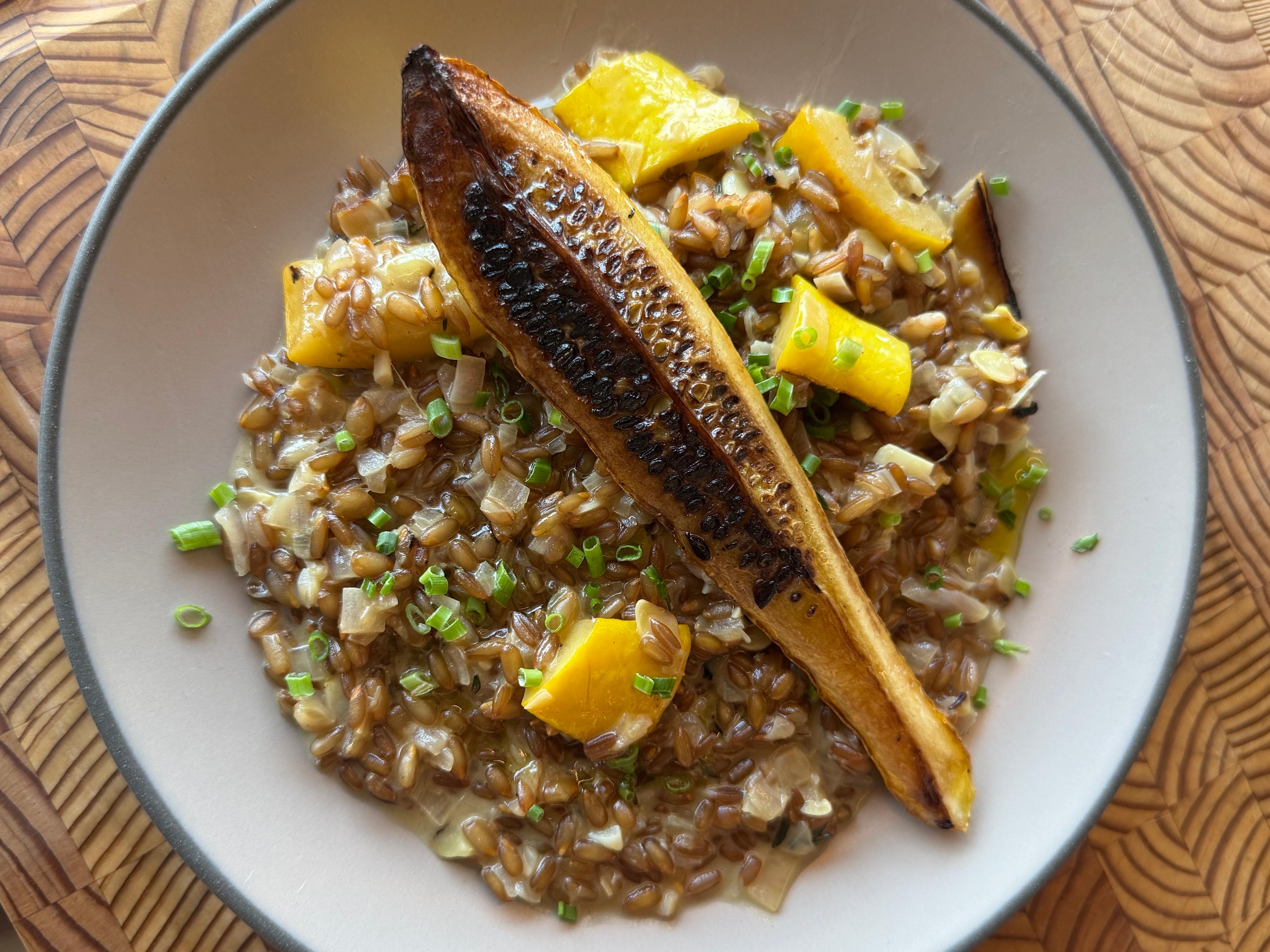 Summer squash ryesotto on a plate.